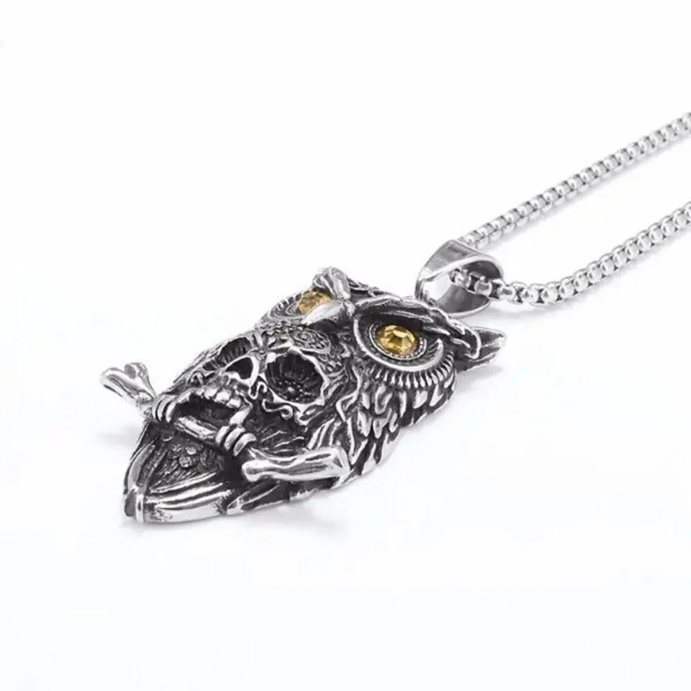 Stainless Steel Gothic Owl Skull Pendant Necklace